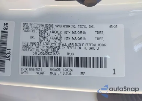 2025 Toyota Tundra Sr5 4Wd z USA, uszkodzony, nr VIN 5TFLA5DA5SX316224